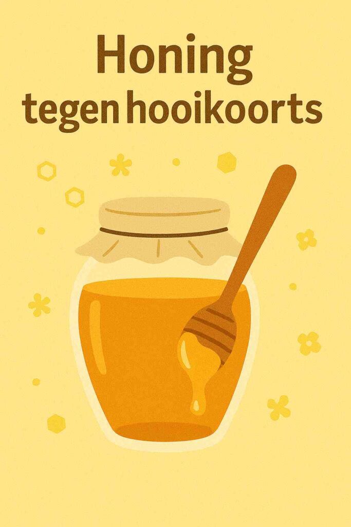 "Illustratie van een glazen pot honing met een houten lepel en de tekst 'Honing tegen hooikoorts', op een warme gele achtergrond met bloemen en honingraatmotieven." ​