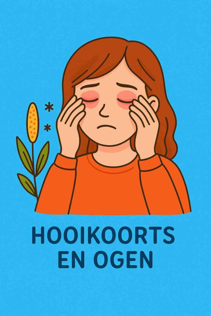 Illustratie van een vrouw met hooikoortsklachten, die haar gezwollen en rode ogen wrijft. Op de achtergrond zweven pollen en staat een bloeiende plant afgebeeld