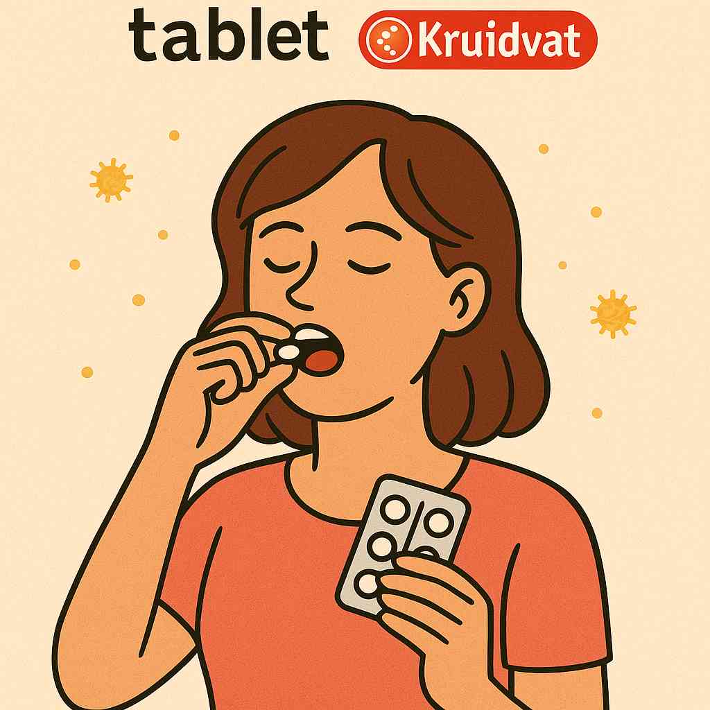 Een vrouw die een hooikoorts tablet Kruidvat inneemt. 