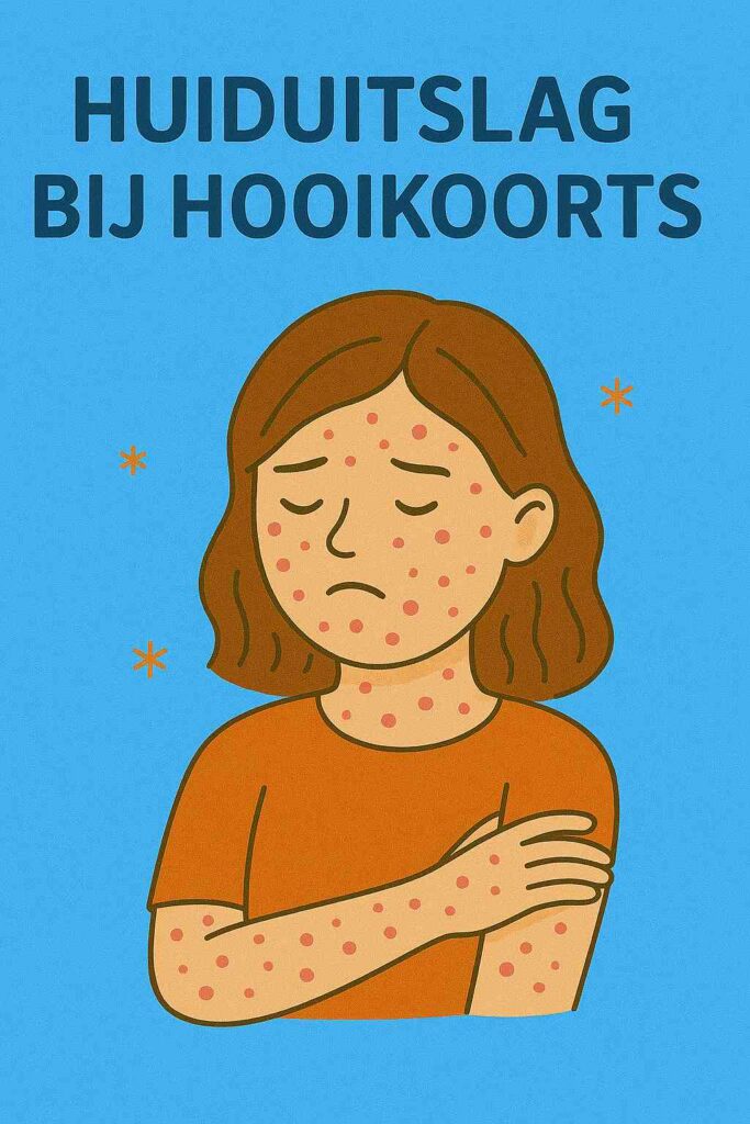 "Illustratie van een vrouw met huiduitslag door hooikoorts, zichtbaar als rode vlekjes op haar gezicht, armen en hals. Op de achtergrond zweven pollen."