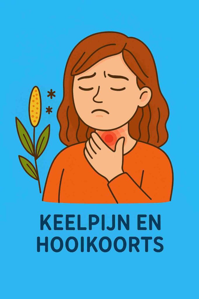 "Illustratie van een vrouw met hooikoorts en keelpijn, die met een pijnlijk gezicht haar keel vasthoudt. Op de achtergrond zweven pollen en staat een bloeiende plant."