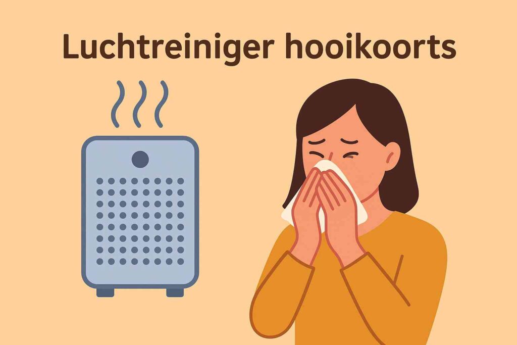 "Illustratie van een vrouw die haar neus snuit naast een luchtreiniger die schone lucht uitblaast, met de tekst 'Luchtreiniger hooikoorts' op een oranje achtergrond."