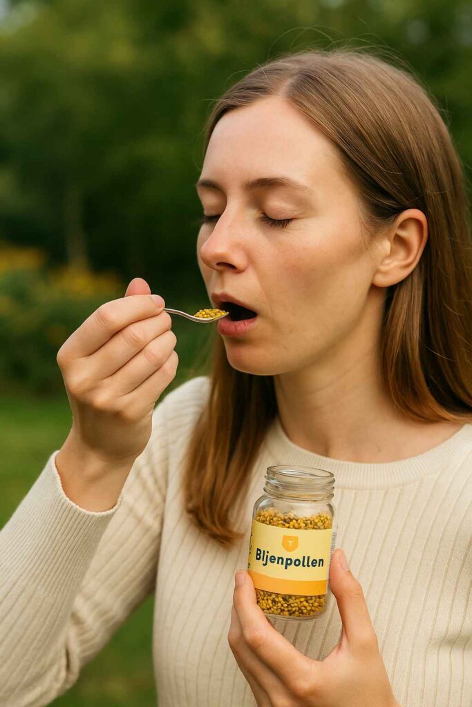 Vrouw die een lepel met bijenpollen naar haar mond brengt, terwijl ze een glazen pot met het label "Bijenpollen" vasthoudt 