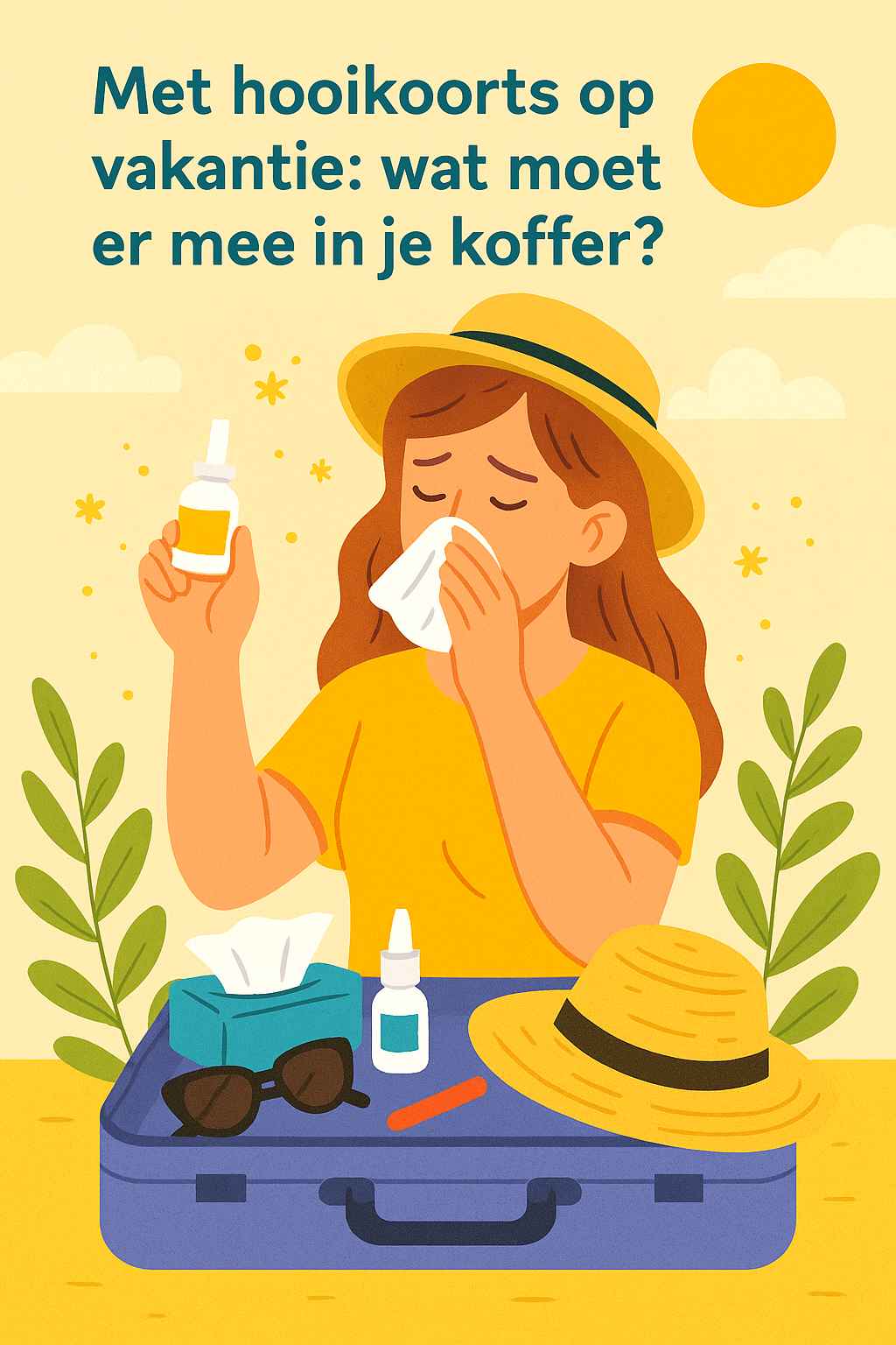 met hooikoorts op vakantie: illustratie van een vrouw met een koffer, zonnebril en zakdoekjes op vakantie, met op de achtergrond bloemen en zon