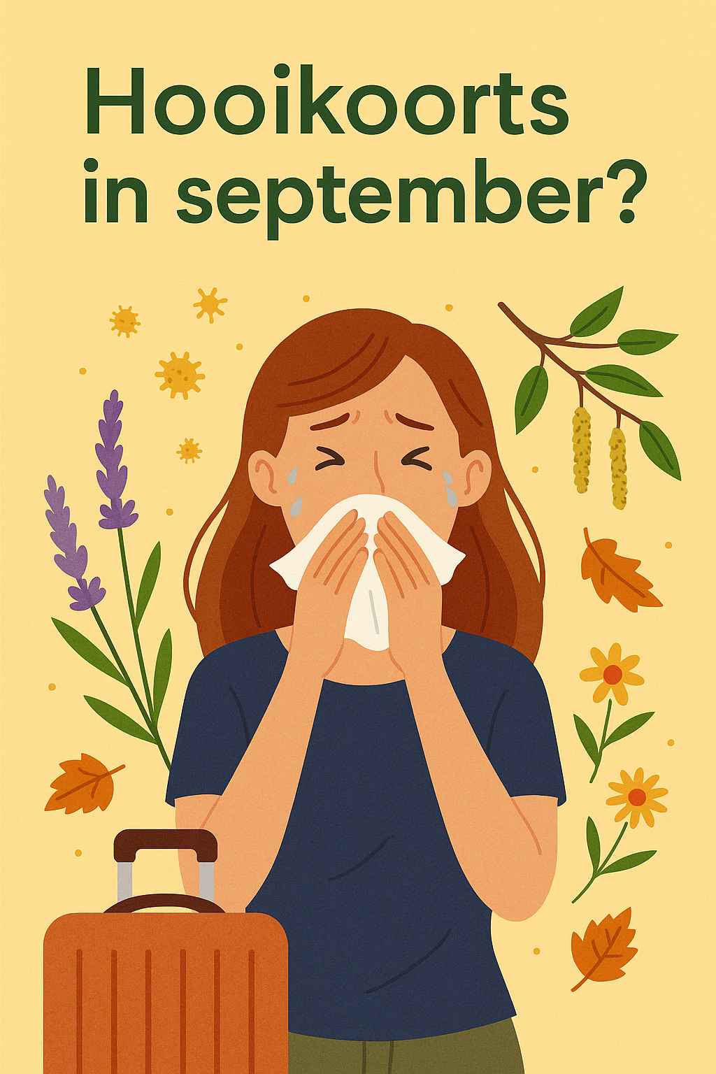 Illustratie van een jonge vrouw met een zonnebril en sjaal die niest terwijl bladeren om haar heen dwarrelen, als symbool voor hooikoorts in september