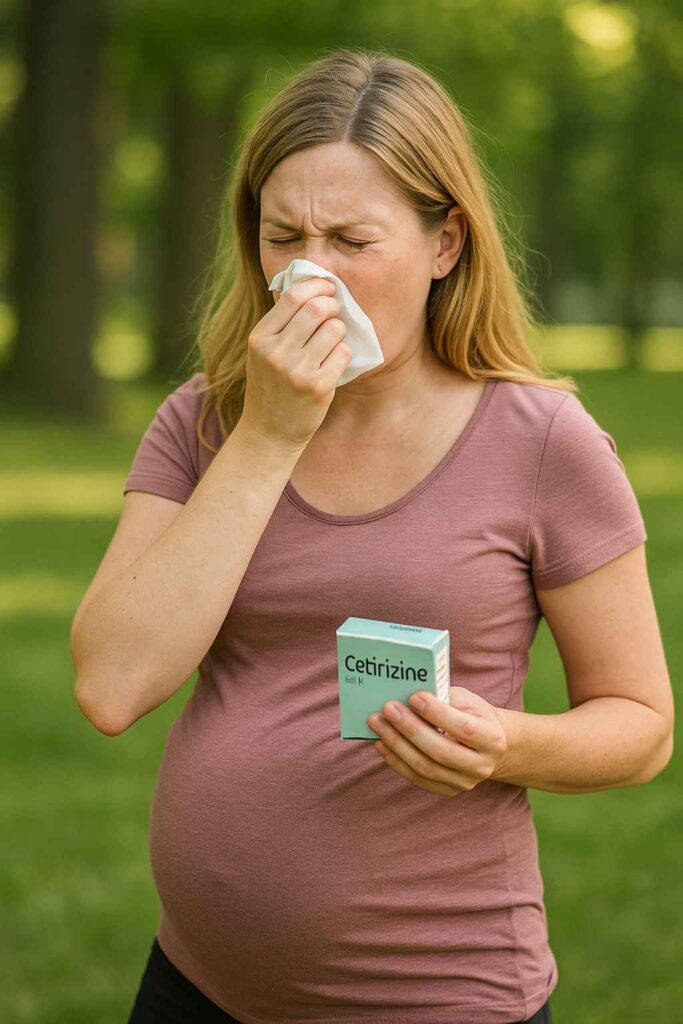 hooikoorts zwanger, vrouw in een park die haar neus snuit met een tissue
