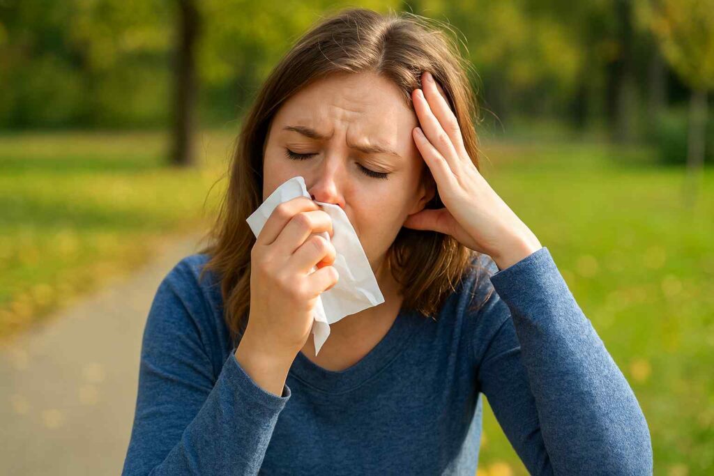 Vrouw die vermoeid buiten zit met een tissue tegen haar neus en haar hoofd ondersteunt, zichtbaar last hebbend van hooikoorts en moeheid