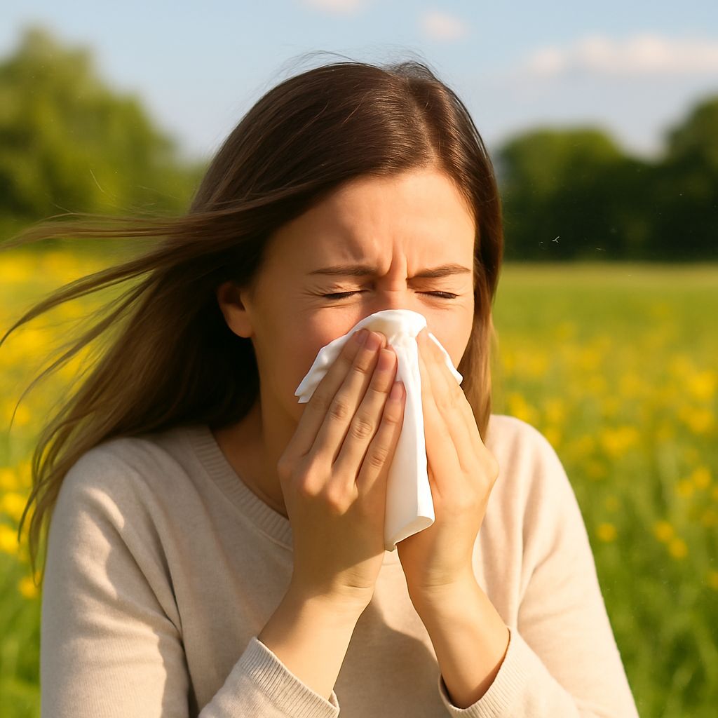Vrouw met hooikoortsklachten die in de lente buiten zit, mogelijk met kruisallergie.